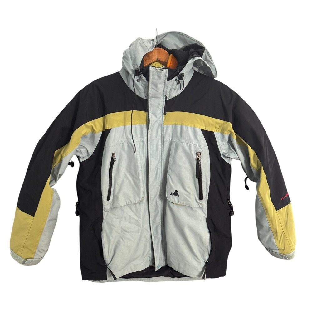 EMS Heavy Ski Snowboard Jacket Mens M Orange Green Black Lining Full Zip Hooded